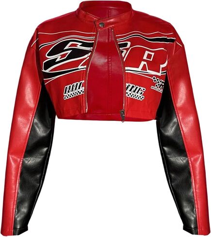 Verdusa Women's Y2K Motorcycle Zip Up Crop Jacket Color Block Letter Graphic Bomber Jacket Outerwear in Kuwait