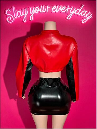 Verdusa Women's Y2K Motorcycle Zip Up Crop Jacket Color Block Letter Graphic Bomber Jacket Outerwear in Kuwait