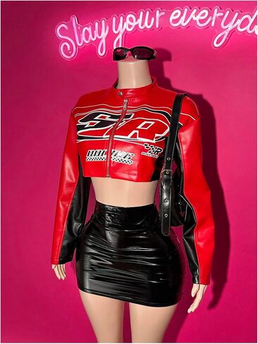 Verdusa Women's Y2K Motorcycle Zip Up Crop Jacket Color Block Letter Graphic Bomber Jacket Outerwear in Kuwait