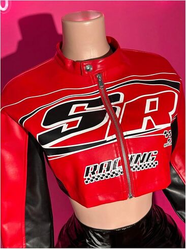 Verdusa Women's Y2K Motorcycle Zip Up Crop Jacket Color Block Letter Graphic Bomber Jacket Outerwear in Kuwait