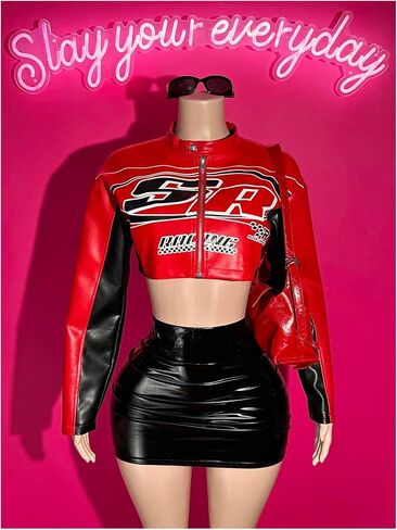 Verdusa Women's Y2K Motorcycle Zip Up Crop Jacket Color Block Letter Graphic Bomber Jacket Outerwear in Kuwait