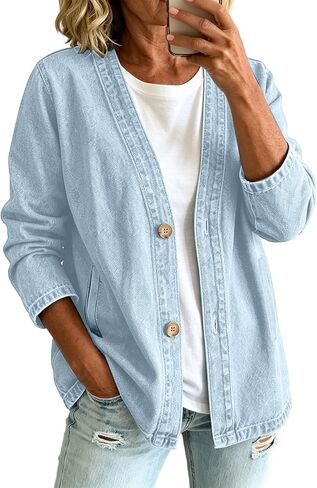 Denim Jacket For Women Lightweight Button Down V Neck Collarless Open Front Jean Coat Casual Cardigan Daily Outerwear in Saudi Arabia