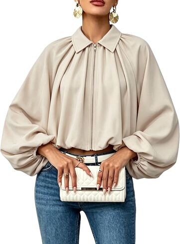 Women's Cropped Zip Up Jacket Lapel Puff Long Sleeve Pleated Coat Casual Short Outerwear in Saudi Arabia