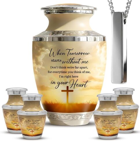 Traditional Cremation Urn for Human Ashes Set of 6 for Adult Male & Female Includes 1 Large Funeral Urn with 4 Mini Keepsakes & 1 Necklaceurn - Sunset Cross Text in Saudi Arabia