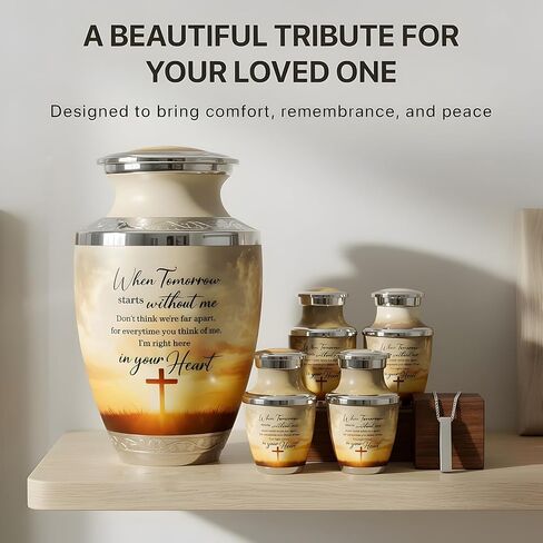 Traditional Cremation Urn for Human Ashes Set of 6 for Adult Male & Female Includes 1 Large Funeral Urn with 4 Mini Keepsakes & 1 Necklaceurn - Sunset Cross Text in Saudi Arabia