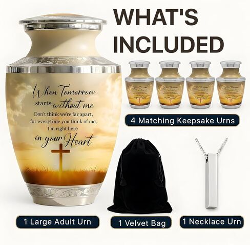 Traditional Cremation Urn for Human Ashes Set of 6 for Adult Male & Female Includes 1 Large Funeral Urn with 4 Mini Keepsakes & 1 Necklaceurn - Sunset Cross Text in Saudi Arabia