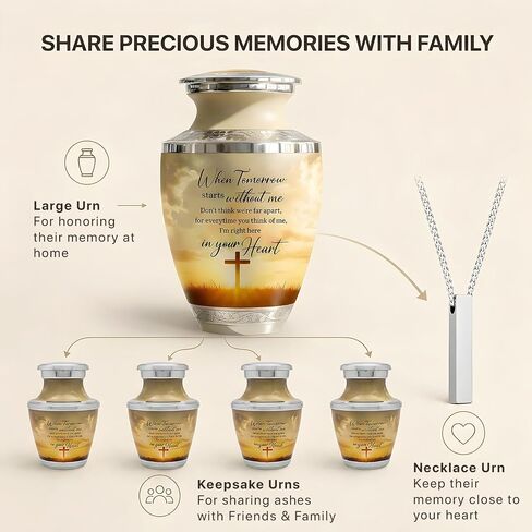Traditional Cremation Urn for Human Ashes Set of 6 for Adult Male & Female Includes 1 Large Funeral Urn with 4 Mini Keepsakes & 1 Necklaceurn - Sunset Cross Text in Saudi Arabia
