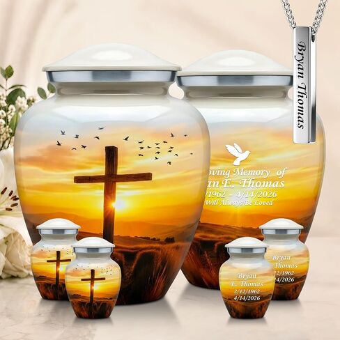 Traditional Cremation Urn for Human Ashes Set of 6 for Adult Male & Female Includes 1 Large Funeral Urn with 4 Mini Keepsakes & 1 Necklaceurn - Sunset Cross Text in Saudi Arabia
