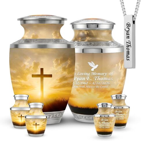 Traditional Cremation Urn for Human Ashes Set of 6 for Adult Male & Female Includes 1 Large Funeral Urn with 4 Mini Keepsakes & 1 Necklaceurn - Sunset Cross Text in Saudi Arabia