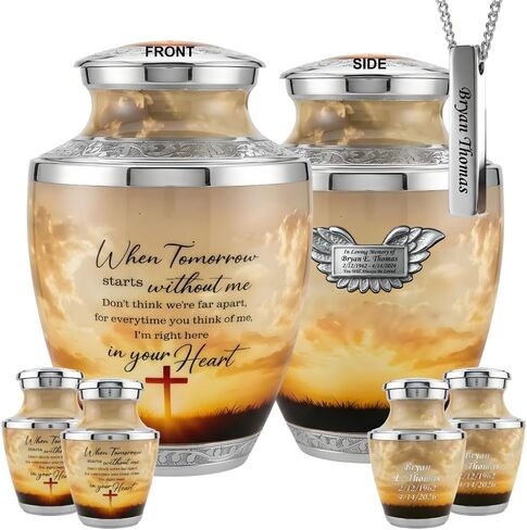 Traditional Cremation Urn for Human Ashes Set of 6 for Adult Male & Female Includes 1 Large Funeral Urn with 4 Mini Keepsakes & 1 Necklaceurn - Sunset Cross Text in Saudi Arabia