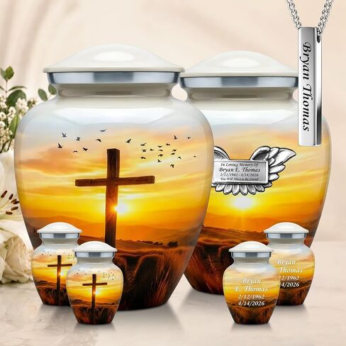 Traditional Cremation Urn for Human Ashes Set of 6 for Adult Male & Female Includes 1 Large Funeral Urn with 4 Mini Keepsakes & 1 Necklaceurn - Sunset Cross Text in Saudi Arabia