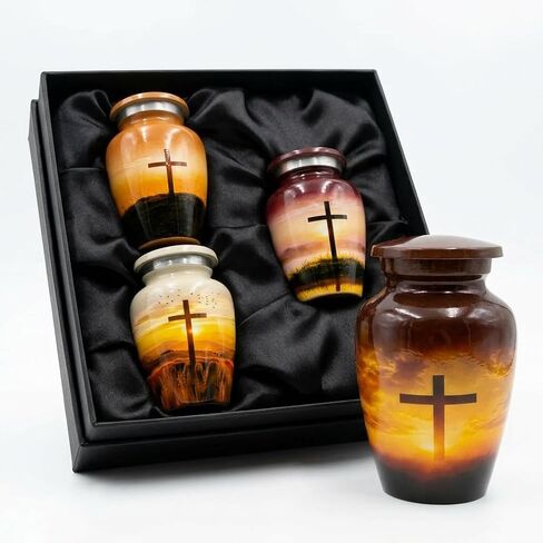 Traditional Cremation Urn for Human Ashes Set of 6 for Adult Male & Female Includes 1 Large Funeral Urn with 4 Mini Keepsakes & 1 Necklaceurn - Sunset Cross Text in Saudi Arabia