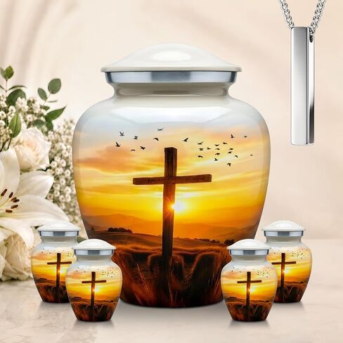 Traditional Cremation Urn for Human Ashes Set of 6 for Adult Male & Female Includes 1 Large Funeral Urn with 4 Mini Keepsakes & 1 Necklaceurn - Sunset Cross Text in Saudi Arabia