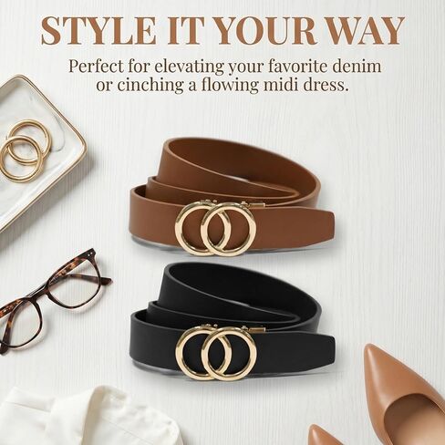 West Leathers 2-Pack Women's Genuine Leather Belts with Gold Buckle - Classic Slim Waist Belt for Jeans, Pants & Dresses in Kuwait