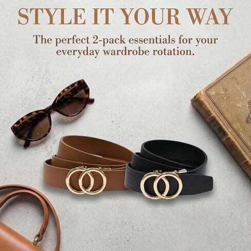West Leathers 2-Pack Women's Genuine Leather Belts with Gold Buckle - Classic Slim Waist Belt for Jeans, Pants & Dresses in Kuwait
