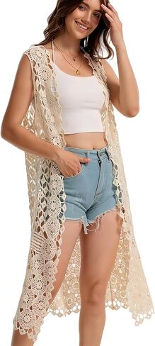 Women's Crochet Lace Floral Vest Boho Sleeveless Kimono Cardigan in Saudi Arabia