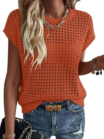Magritta Summer Sweaters for Women Lightweight Crew Neck Tops Cap Sleeve Shirts Dressy Loose Fit Crochet Outfits in Kuwait