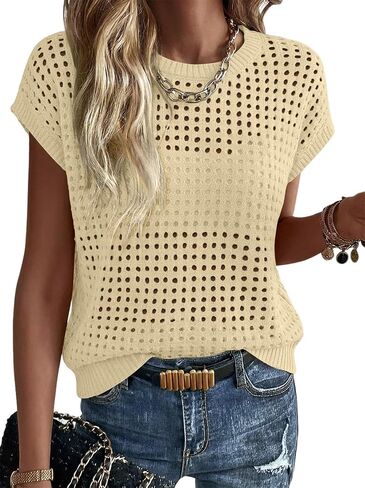 Magritta Summer Sweaters for Women Lightweight Crew Neck Tops Cap Sleeve Shirts Dressy Loose Fit Crochet Outfits in Kuwait