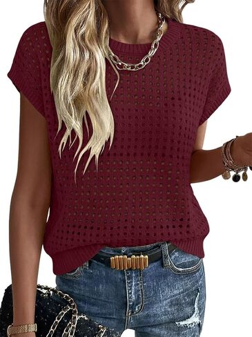 Magritta Summer Sweaters for Women Lightweight Crew Neck Tops Cap Sleeve Shirts Dressy Loose Fit Crochet Outfits in Kuwait