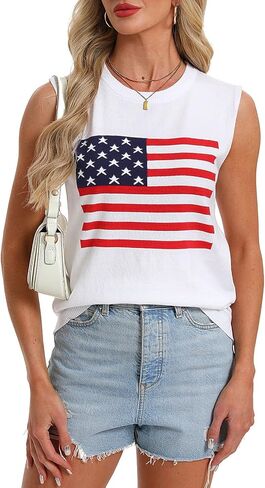 Women's American Flag Sleeveless Crewneck Soft Lightweight Sweater Vest Top in Saudi Arabia