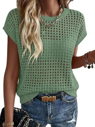 Magritta Summer Sweaters for Women Lightweight Crew Neck Tops Cap Sleeve Shirts Dressy Loose Fit Crochet Outfits in Kuwait