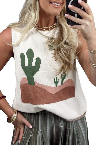 Women's Multicolour Cactus Sweater Vest – Western Sleeveless Round Neck Summer Knit Top for Daily Wear in Saudi Arabia