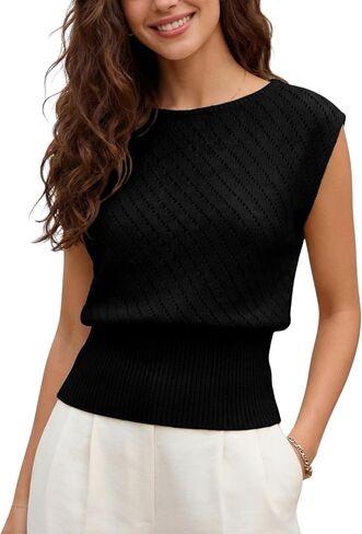 SCUSTY Women's Sleeveless Hollow Out Knit Top Boat Neck Fitted Waist Summer Vest Pullovers in Saudi Arabia