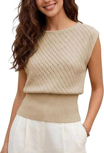 SCUSTY Women's Sleeveless Hollow Out Knit Top Boat Neck Fitted Waist Summer Vest Pullovers in Saudi Arabia