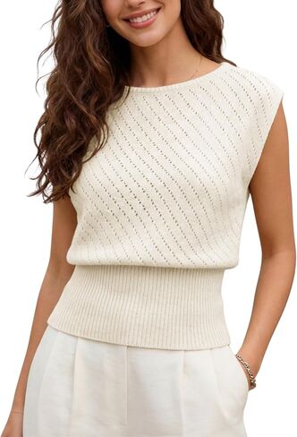 SCUSTY Women's Sleeveless Hollow Out Knit Top Boat Neck Fitted Waist Summer Vest Pullovers in Saudi Arabia