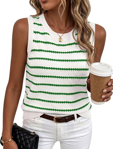 Women Sweater Vest Tank Top Crochet Striped Sleeveless Tops Round Neck Lightweight Knit Casual Loose Cami Shirt in Saudi Arabia