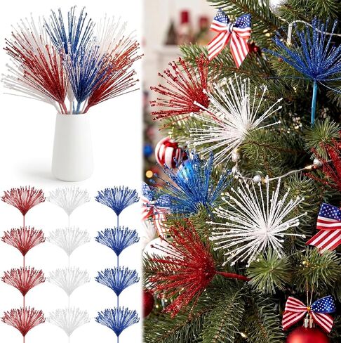 Dingion 12 Pack 4th of July Tree Decorations Red White and Blue Flowers Patriotic Artificial Glitter Picks Firework Stems 250th Anniversary Table Centerpieces for USA Vase Filler Independence Day in Kuwait