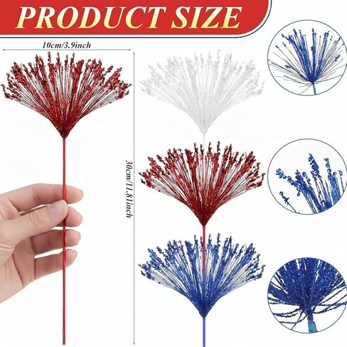 Dingion 12 Pack 4th of July Tree Decorations Red White and Blue Flowers Patriotic Artificial Glitter Picks Firework Stems 250th Anniversary Table Centerpieces for USA Vase Filler Independence Day in Kuwait