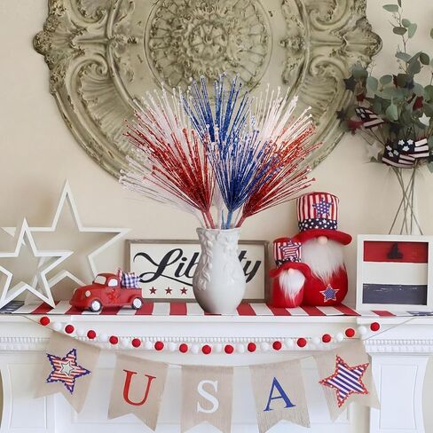 Dingion 12 Pack 4th of July Tree Decorations Red White and Blue Flowers Patriotic Artificial Glitter Picks Firework Stems 250th Anniversary Table Centerpieces for USA Vase Filler Independence Day in Kuwait