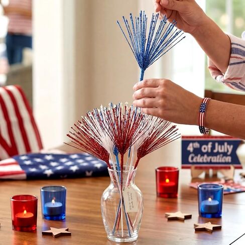 Dingion 12 Pack 4th of July Tree Decorations Red White and Blue Flowers Patriotic Artificial Glitter Picks Firework Stems 250th Anniversary Table Centerpieces for USA Vase Filler Independence Day in Kuwait
