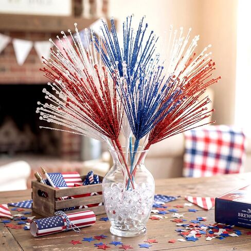 Dingion 12 Pack 4th of July Tree Decorations Red White and Blue Flowers Patriotic Artificial Glitter Picks Firework Stems 250th Anniversary Table Centerpieces for USA Vase Filler Independence Day in Kuwait