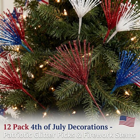 Dingion 12 Pack 4th of July Tree Decorations Red White and Blue Flowers Patriotic Artificial Glitter Picks Firework Stems 250th Anniversary Table Centerpieces for USA Vase Filler Independence Day in Kuwait