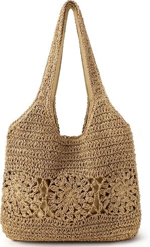 Beach Bag, Straw Beach Bags for Women, Floral Designed Beach Tote Lightweight Foldable Straw Bag in Kuwait