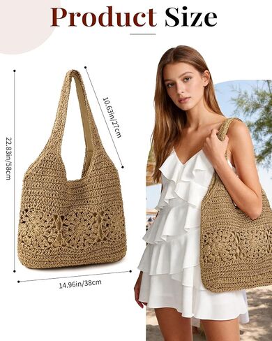 Beach Bag, Straw Beach Bags for Women, Floral Designed Beach Tote Lightweight Foldable Straw Bag in Kuwait