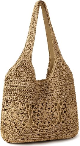 Beach Bag, Straw Beach Bags for Women, Floral Designed Beach Tote Lightweight Foldable Straw Bag in Kuwait