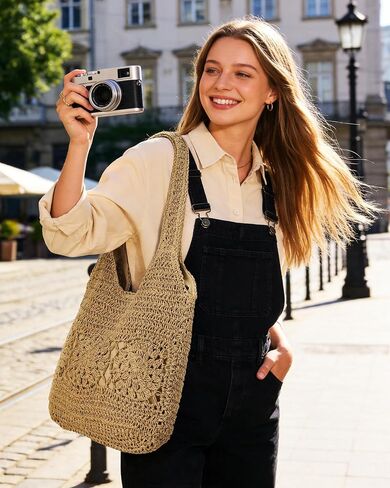 Beach Bag, Straw Beach Bags for Women, Floral Designed Beach Tote Lightweight Foldable Straw Bag in Kuwait