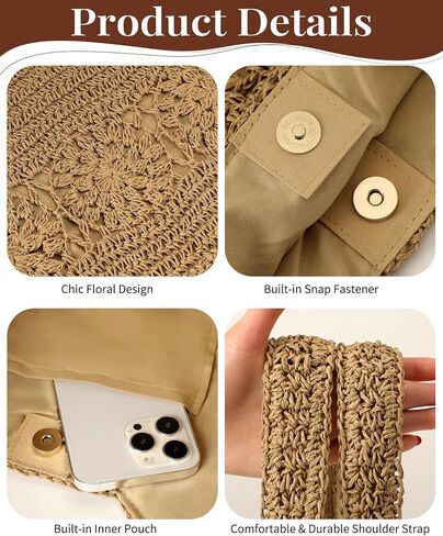 Beach Bag, Straw Beach Bags for Women, Floral Designed Beach Tote Lightweight Foldable Straw Bag in Kuwait