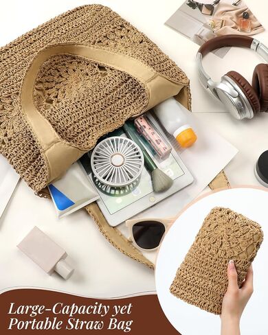 Beach Bag, Straw Beach Bags for Women, Floral Designed Beach Tote Lightweight Foldable Straw Bag in Kuwait