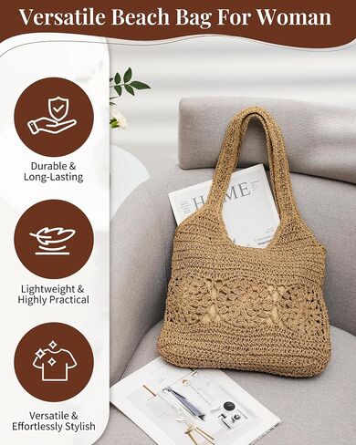 Beach Bag, Straw Beach Bags for Women, Floral Designed Beach Tote Lightweight Foldable Straw Bag in Kuwait