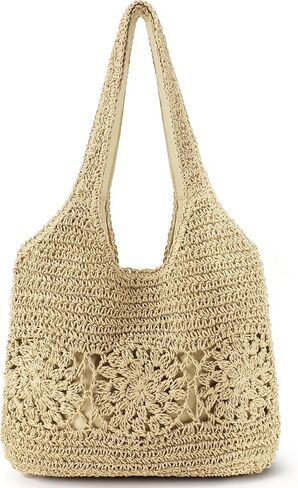 Beach Bag, Straw Beach Bags for Women, Floral Designed Beach Tote Lightweight Foldable Straw Bag in Kuwait