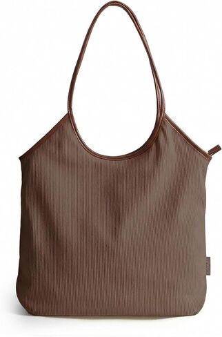 BAGSMRT Corduroy Tote Bag for Women Beach Bag with Zipper Casual Shoulder Bag Lightweight Travel Tote Hobo Handbag | PU Leather Handles in Kuwait