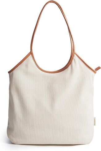 BAGSMRT Corduroy Tote Bag for Women Beach Bag with Zipper Casual Shoulder Bag Lightweight Travel Tote Hobo Handbag | PU Leather Handles in Kuwait