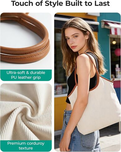 BAGSMRT Corduroy Tote Bag for Women Beach Bag with Zipper Casual Shoulder Bag Lightweight Travel Tote Hobo Handbag | PU Leather Handles in Kuwait