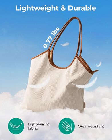 BAGSMRT Corduroy Tote Bag for Women Beach Bag with Zipper Casual Shoulder Bag Lightweight Travel Tote Hobo Handbag | PU Leather Handles in Kuwait