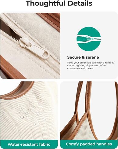 BAGSMRT Corduroy Tote Bag for Women Beach Bag with Zipper Casual Shoulder Bag Lightweight Travel Tote Hobo Handbag | PU Leather Handles in Kuwait