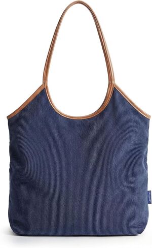 BAGSMRT Corduroy Tote Bag for Women Beach Bag with Zipper Casual Shoulder Bag Lightweight Travel Tote Hobo Handbag | PU Leather Handles in Kuwait